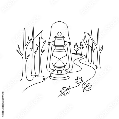Vintage lantern on autumn path with bare trees, single line art