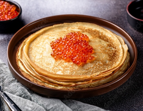 thin pancakes with red caviar traditional russian food maslenitsa