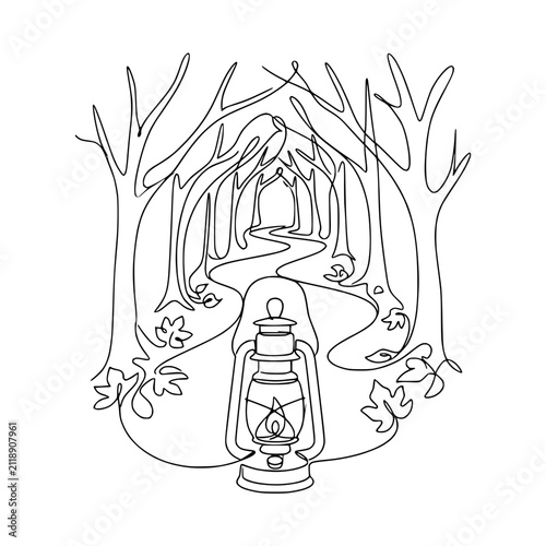 One Line Drawing: Winding Forest Path with Lantern