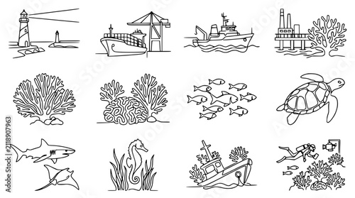 Marine Life and Maritime Icons: Continuous Line Art Collection