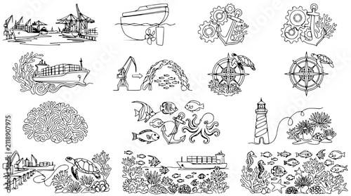 Nautical and Marine Line Art Collection: Ships, Anchor, Compass, Lighthouse, Marine Life