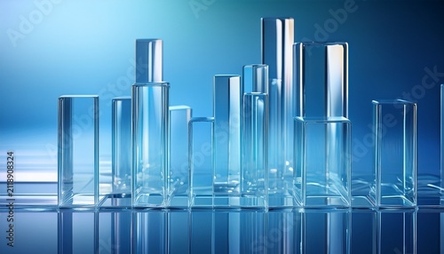 transparent glass rods and cubes on blue abstract background