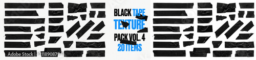 Black tape texture set, adhesive strips with realistic wrinkled fabric and torn edges. Collection of isolated black duct tape pieces for urban grunge design, collage elements, scrapbooking and digital