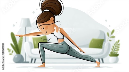 Cute cartoon girl in yoga pose, in the living room flat design illustration