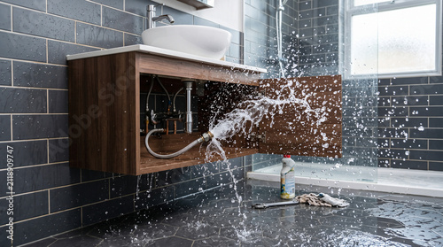 Bathroom Disaster: Water erupts from a burst pipe under a sink cabinet, flooding a modern bathroom with ceramic tile walls and a bathtub. A cleaning bottle lies on the wet floor.