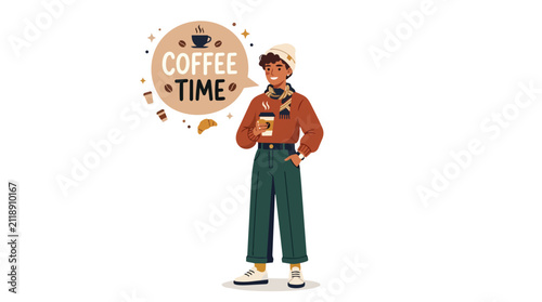 Stylish Young Man Holding a Hot Beverage with Coffee Time Speech Bubble and Decorative Autumn Icons