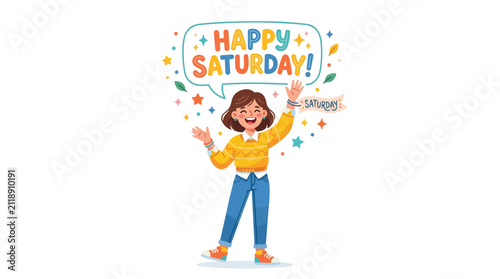 Young Smiling Woman Waving and Celebrating Weekend Joy with Colorful Happy Saturday Speech Bubble and Stars