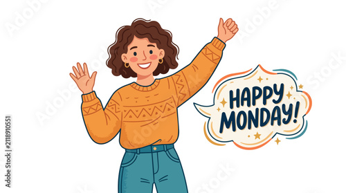 Cheerful Young Woman With Curly Hair Waving Hello and Giving Thumbs Up With Happy Monday Text Bubble