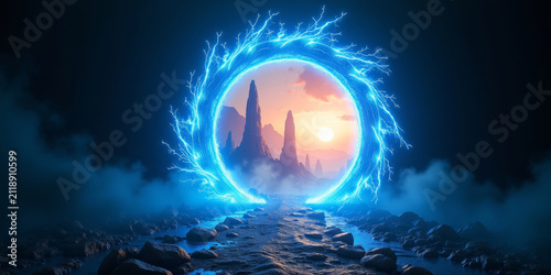 Glowing blue magical portal in dark rocky landscape. Circular lightning doorway opening to surreal alien planet with golden sunset. Science fiction concept for time travel and dimension.