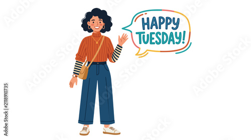 Stylish Woman in Casual Outfit Waving and Saying Happy Tuesday Greeting Message with a Speech Bubble Illustration