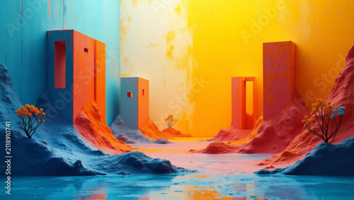 Surreal landscape with geometric architecture and colorful rocky terrain. Abstract dreamlike world with vibrant structures and small trees. Imaginative concept of fantasy environment.