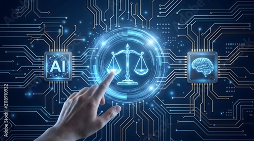 Ethical machine learning programming represented by hand touching digital scale between AI and brain microchips
