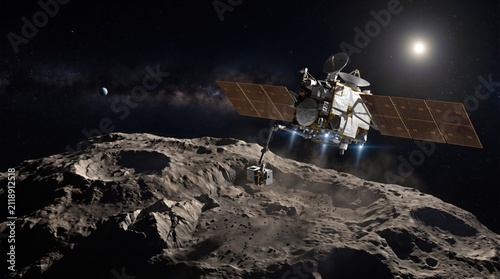 A robotic spacecraft collects surface samples from a rocky asteroid in deep space near the sun.