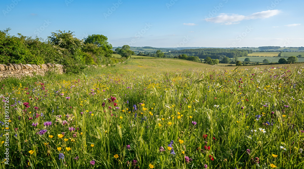 Obraz premium Colorful wildflower meadow with bright blooms under a sunny sky