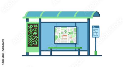 Modern Sustainable Bus Stop Shelter with Vertical Garden and Digital City Map Navigation - Eco-Friendly Smart Urban Infrastructure Flat Vector Illustration
