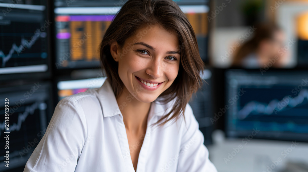Obraz premium Faceless professional young female financial analyst working amid multiple computer screens, financial analyst, multiple screens, market data, professional smile, business