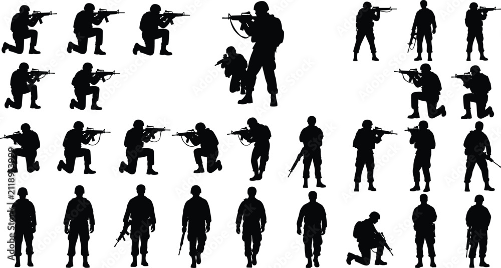 Obraz premium Soldier silhouette illustrations, military combat artwork, armed forces design collection, black white figure set, stylized tactical profiles