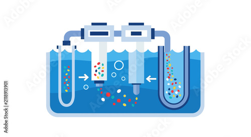 Infographic Illustration of Microplastic Water Filtration System and Pollution Cleanup Process