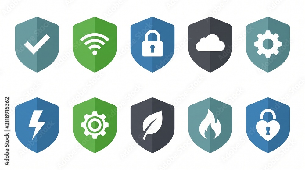 Fototapeta premium Security And Network Icons Set Flat Design With Shield Shapes