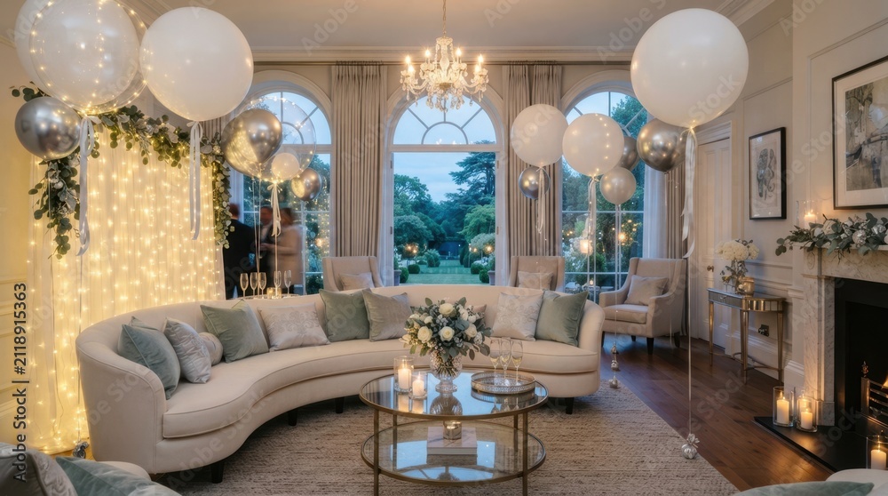 Obraz premium Elegant living room decorated for a sophisticated party with balloons and fairy lights