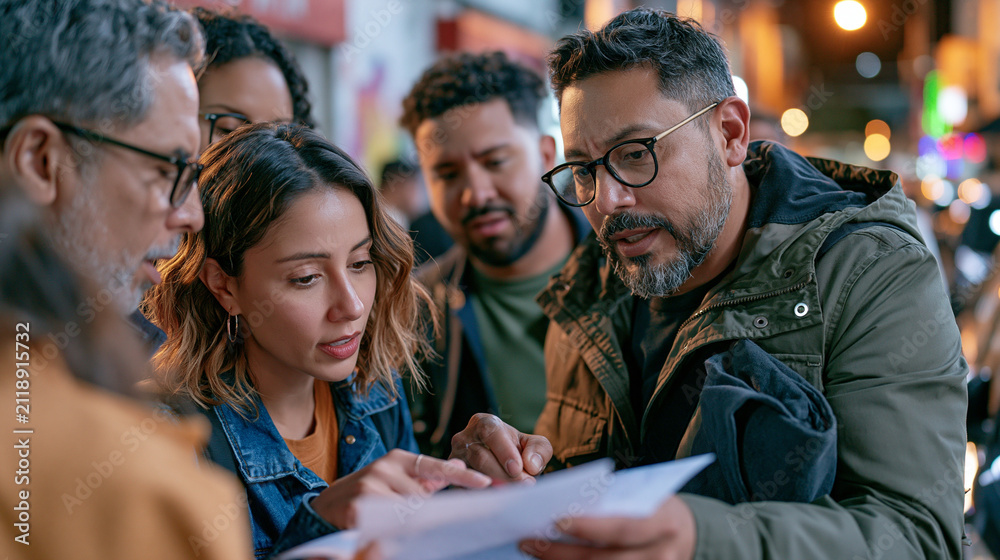 Fototapeta premium Multicultural group of private investigators gathered in a busy urban alley at dusk, comparing handwritten notes under a streetlight, varied ages and backgrounds unified by intent focus, a former cu