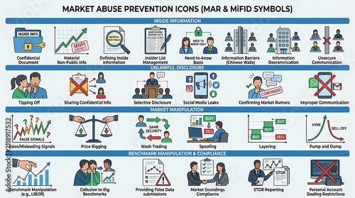 Market abuse prevention icons illustrating fraud and misconduct. Corporate compliance symbols for financial security and ethical trading.