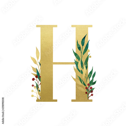 Golden Latin letter H in vintage church style with floral composition isolated