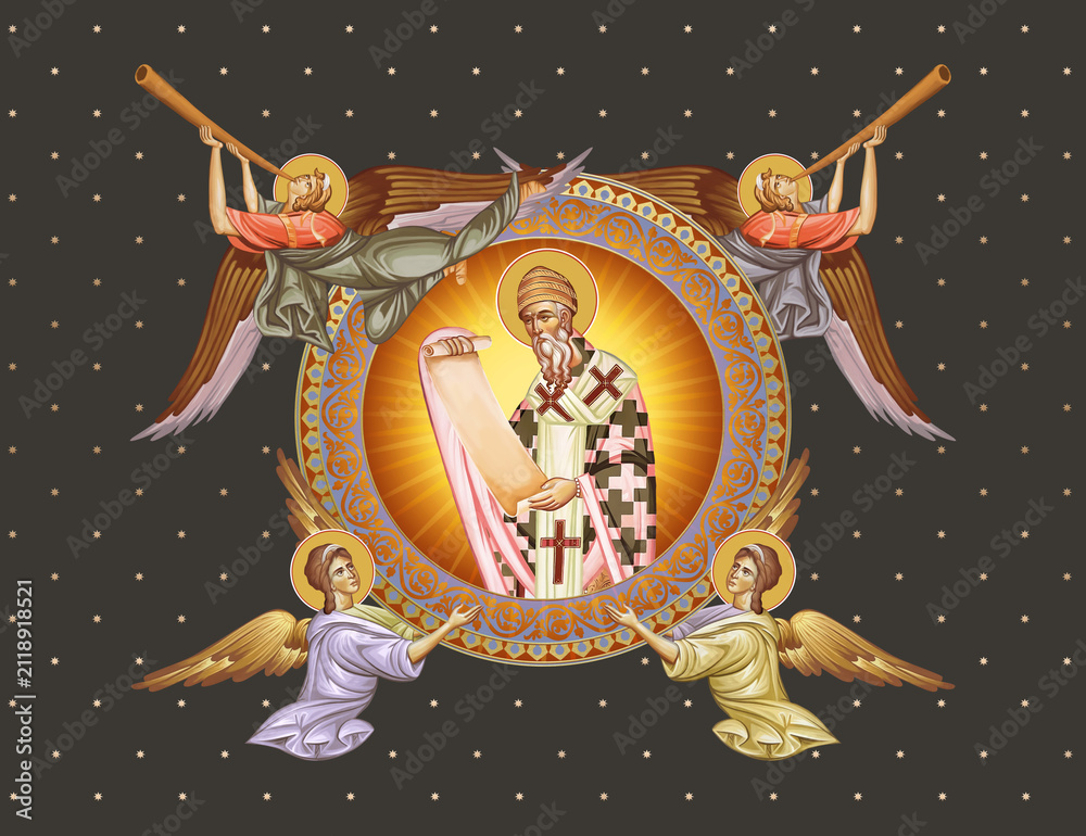 Fototapeta premium Saint Spyridon, Bishop of Trimythous. Decorative vintage illustration with angels in Byzantine style