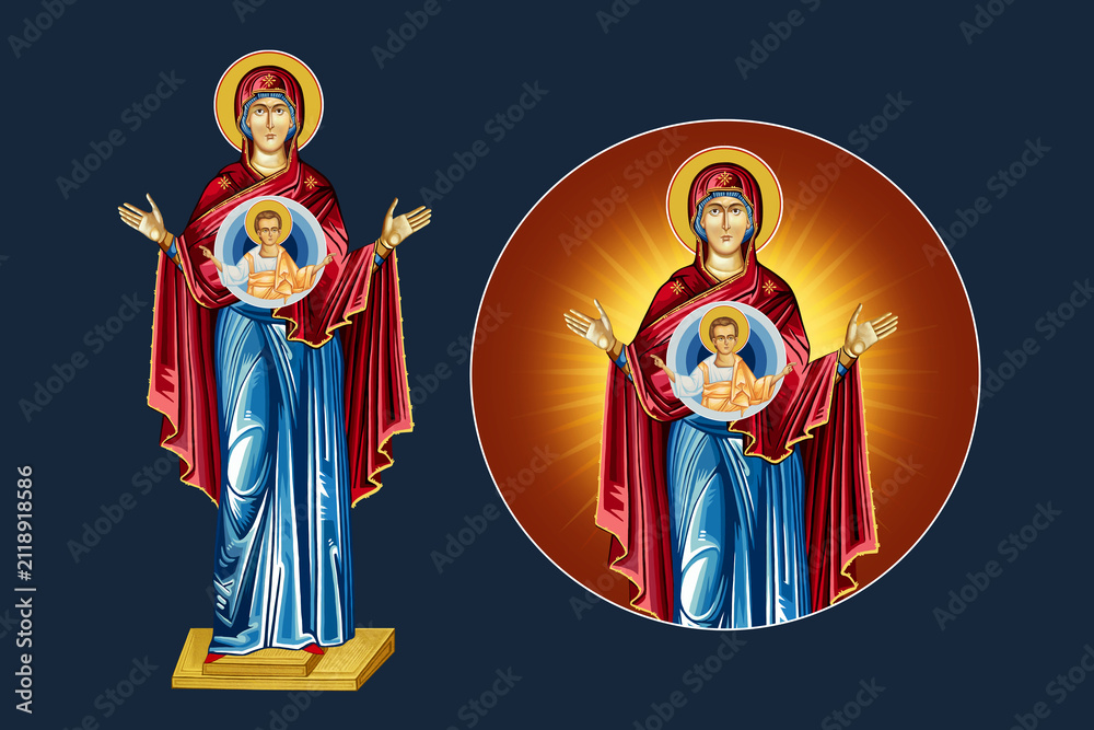 Obraz premium The Unbreakable Wall. Blessed Virgin Mary and Jesus Christ. Illustration - fresco set in Byzantine style