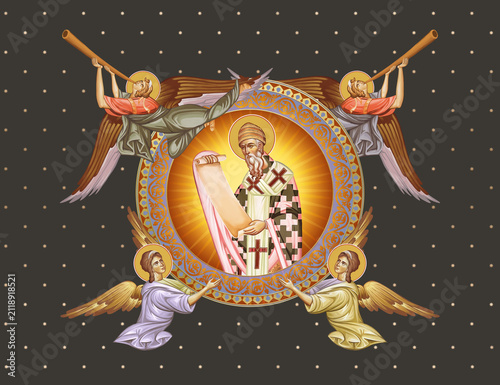Saint Spyridon, Bishop of Trimythous. Decorative vintage illustration with angels in Byzantine style