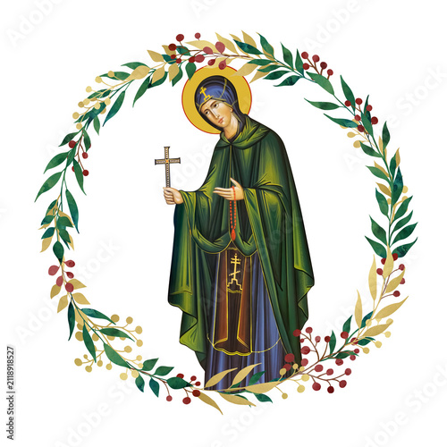 Saint Parascheva of the Balkans. Decorative vintage floral wreath, illustration in Byzantine style isolated