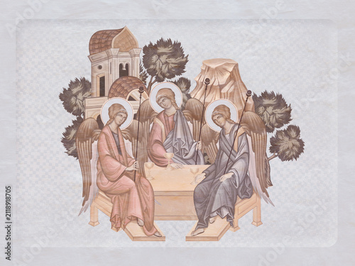 Trinitian. Holy trinity. Christian illustration in Byzantine style in pastel colors
