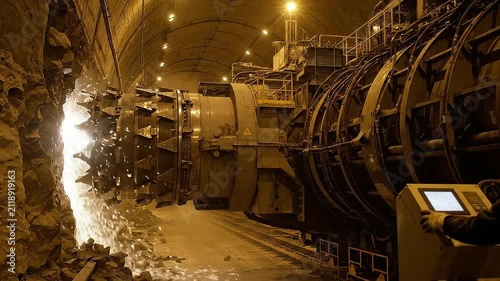 Industrial Tunnel Boring Machine Operating, Creating Sparks As It Excavates Rock In A Well-Illuminated Tunnel Environment