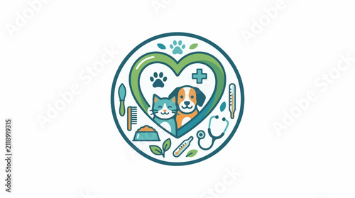 A circular emblem with pets and veterinary tools in soft colors