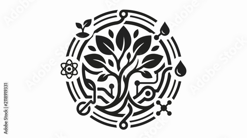 A circular emblem with a tree in the center surrounded by circuits and nature symbols