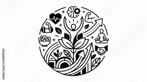 A circular emblem symbolizing holistic well-being with growth and balance