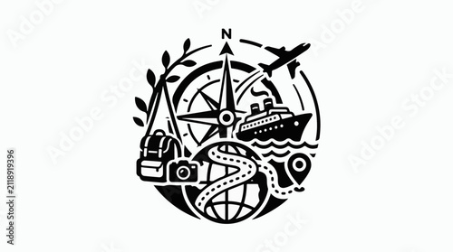 A circular emblem depicts travel icons including a compass plane ship and globe