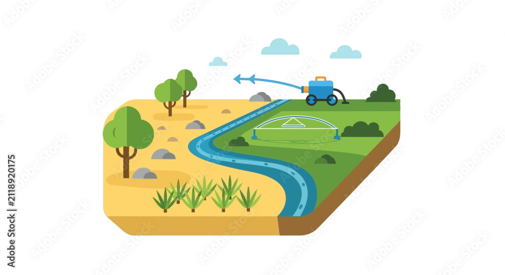 Fototapeta premium Flat Vector Illustration of Irrigation System Transforming Arid Desert into Fertile Green Farmland with Water Pump and River