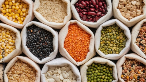 Assorted bowls of colorful dried beans and legumes on wooden surface