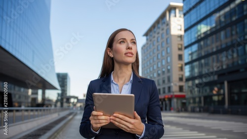 Professional woman working with digital tablet in urban business setting