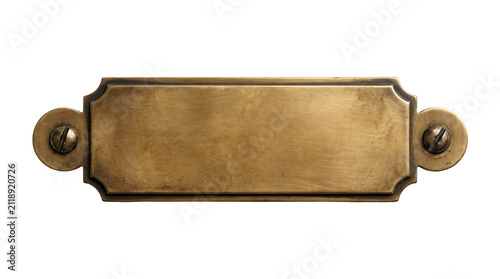 Vintage brass nameplate on white background, antique metal label plaque with screw holes, blank engraved sign tag