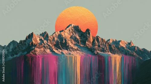 Surreal mountain sunset with vibrant, colorful waterfall-like cascade