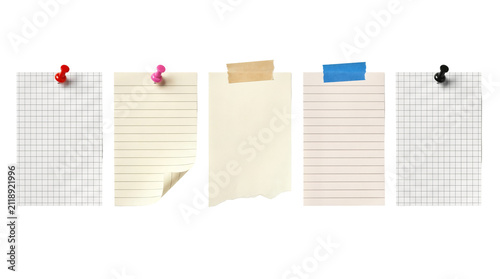 Obraz na płótnie Minimalist blank note papers with push pins, lined and grid stationery sheets, w