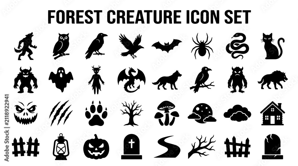 Obraz premium Halloween forest creature icons. Set of spooky monster silhouettes for holiday design.