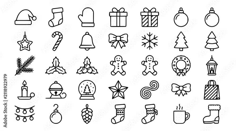 Fototapeta premium Christmas Holiday and Winter Celebration Icon Set with Line Symbols for Festive Graphic Design Elements Including Santa Hats Gifts Stockings Snowflakes Trees and Ornaments