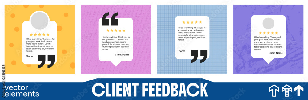 Fototapeta premium Client feedback set of 4 square quote cards with speech bubble forms. Yellow purple and blue backgrounds add paper grain and grids. Vector client feedback collection for social media post