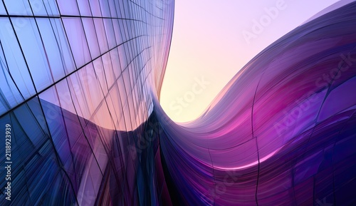 Gleaming, curved skyscraper facade reflects a soft, vibrant sky