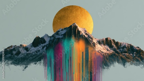 Majestic snow-capped mountain peak erupts with vibrant, colorful abstract streaks