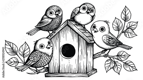 Birdhouse vector illustration of a garden bird scene