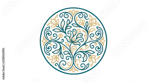 Intricate Teal Floral Circle Design Element.
